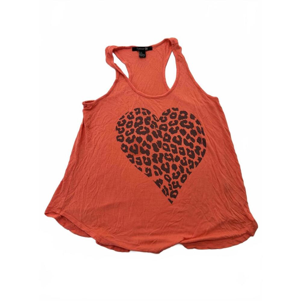 Forever 21 Women's Orange Racerback Tank Top with Leopard Heart Print